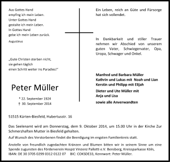 Anzeige von Peter Müller von Kölner Stadt-Anzeiger / Kölnische Rundschau / Express