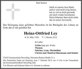 Anzeige von Heinz-Ottfried Ley von Kölner Stadt-Anzeiger / Kölnische Rundschau / Express