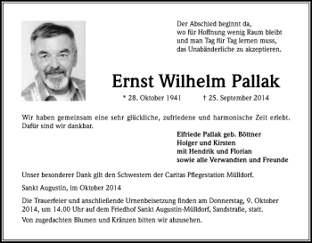 Anzeige von Ernst Wilhelm Pallak von Kölner Stadt-Anzeiger / Kölnische Rundschau / Express