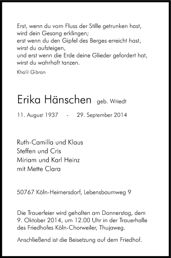 Anzeige von Erika Hänschen von Kölner Stadt-Anzeiger / Kölnische Rundschau / Express