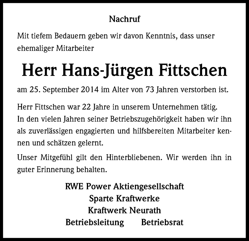  Traueranzeige für Hans-Jürgen Fittschen vom 06.10.2014 aus Kölner Stadt-Anzeiger / Kölnische Rundschau / Express
