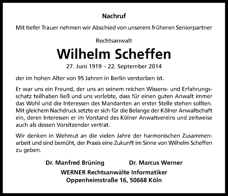  Traueranzeige für Wilhelm Scheffen vom 04.10.2014 aus Kölner Stadt-Anzeiger / Kölnische Rundschau / Express