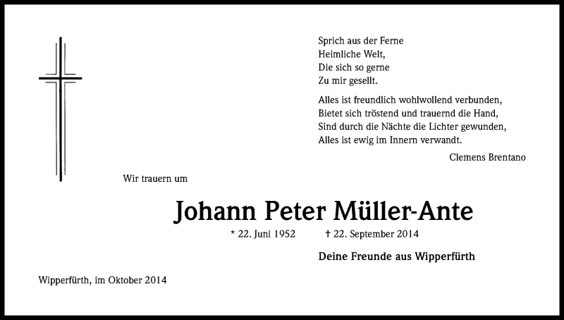  Traueranzeige für Johann Peter Müller-Ante vom 04.10.2014 aus Kölner Stadt-Anzeiger / Kölnische Rundschau / Express