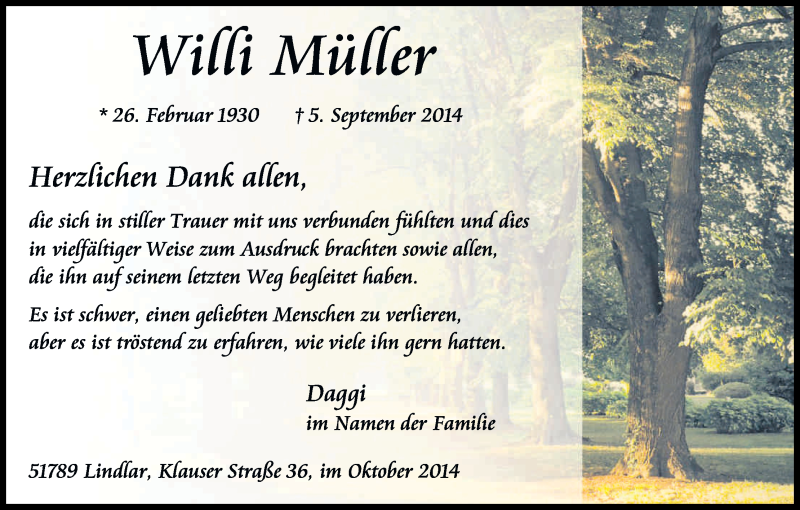  Traueranzeige für Willi Mütter vom 04.10.2014 aus Kölner Stadt-Anzeiger / Kölnische Rundschau / Express