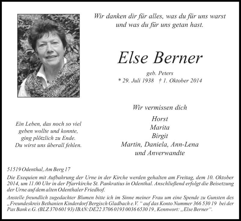  Traueranzeige für Else Berner vom 04.10.2014 aus Kölner Stadt-Anzeiger / Kölnische Rundschau / Express