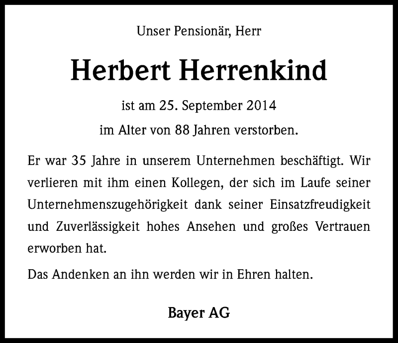  Traueranzeige für Herbert Herrenkind vom 04.10.2014 aus Kölner Stadt-Anzeiger / Kölnische Rundschau / Express