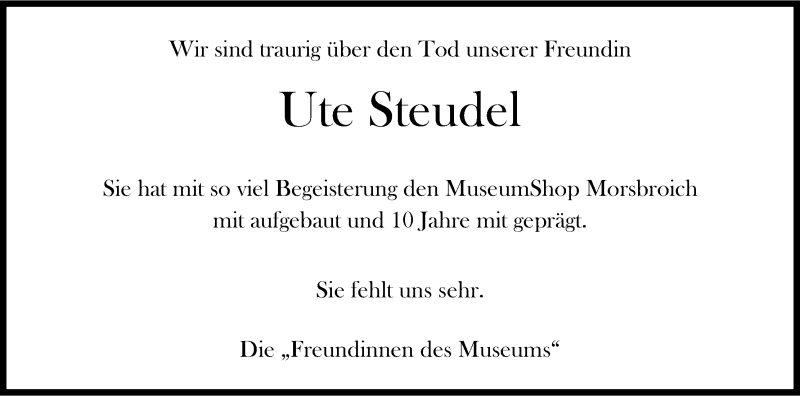  Traueranzeige für Ute Steudel vom 04.10.2014 aus Kölner Stadt-Anzeiger / Kölnische Rundschau / Express