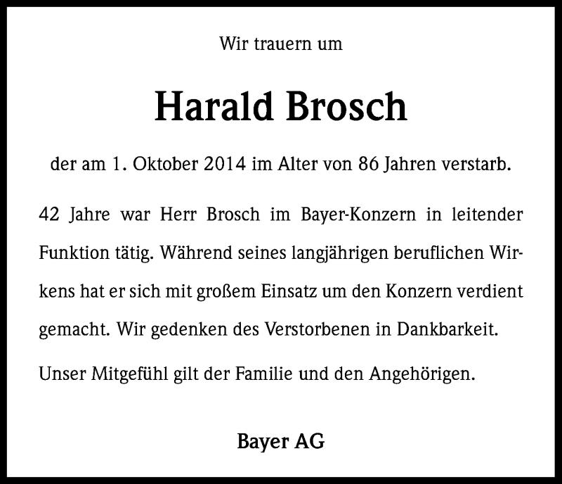  Traueranzeige für Harald Brosch vom 04.10.2014 aus Kölner Stadt-Anzeiger / Kölnische Rundschau / Express