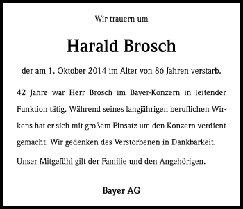 Anzeige von Harald Brosch von Kölner Stadt-Anzeiger / Kölnische Rundschau / Express
