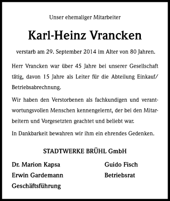 Anzeige von Karl-Heinz Vrancken von Kölner Stadt-Anzeiger / Kölnische Rundschau / Express