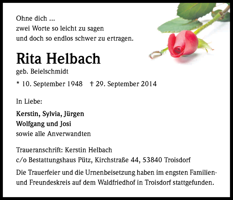  Traueranzeige für Rita Helbach vom 11.10.2014 aus Kölner Stadt-Anzeiger / Kölnische Rundschau / Express