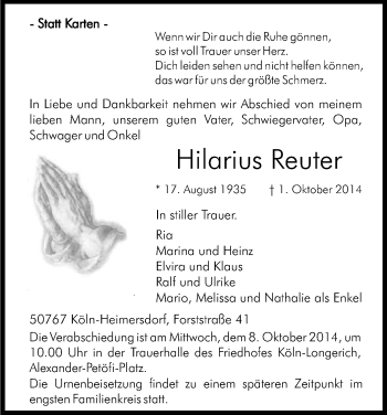Anzeige von Hilarius Reuter von Kölner Stadt-Anzeiger / Kölnische Rundschau / Express
