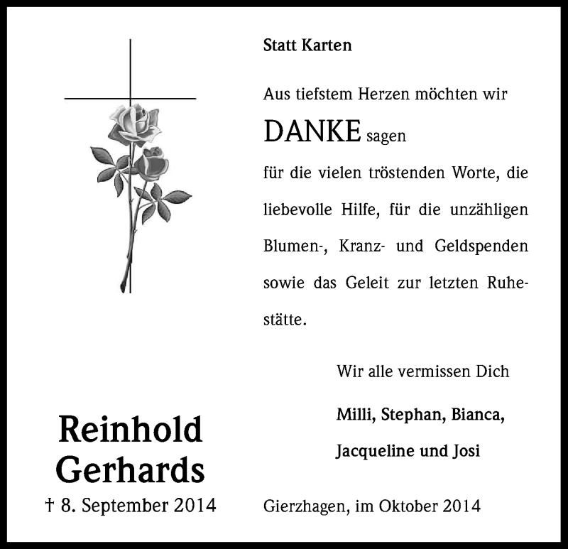  Traueranzeige für Reinhold Gerhards vom 10.10.2014 aus Kölner Stadt-Anzeiger / Kölnische Rundschau / Express