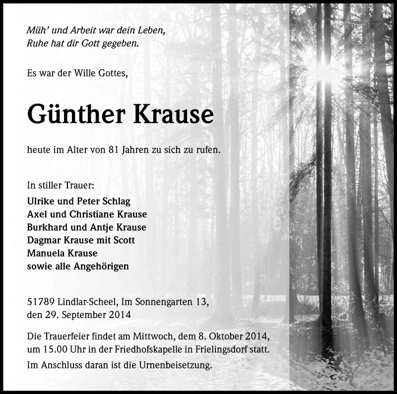  Traueranzeige für Günther Krause vom 04.10.2014 aus Kölner Stadt-Anzeiger / Kölnische Rundschau / Express