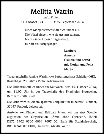 Anzeige von Melitta Watrin von Kölner Stadt-Anzeiger / Kölnische Rundschau / Express