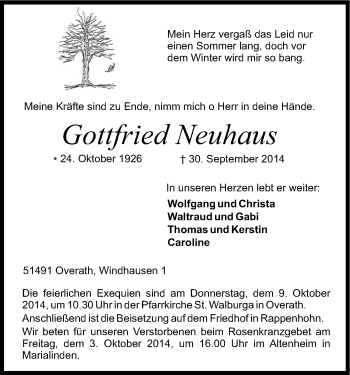 Anzeige von Gottfried Neuhaus von Kölner Stadt-Anzeiger / Kölnische Rundschau / Express