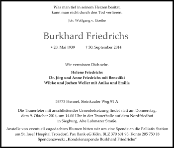 Anzeige von Burkhard Friedrichs von Kölner Stadt-Anzeiger / Kölnische Rundschau / Express