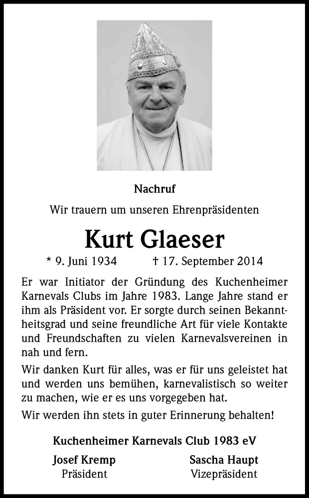  Traueranzeige für Glaeser Kurt vom 04.10.2014 aus Kölner Stadt-Anzeiger / Kölnische Rundschau / Express