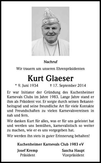 Anzeige von Glaeser Kurt von Kölner Stadt-Anzeiger / Kölnische Rundschau / Express