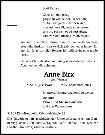Anzeige von Anne Birx von Kölner Stadt-Anzeiger / Kölnische Rundschau / Express