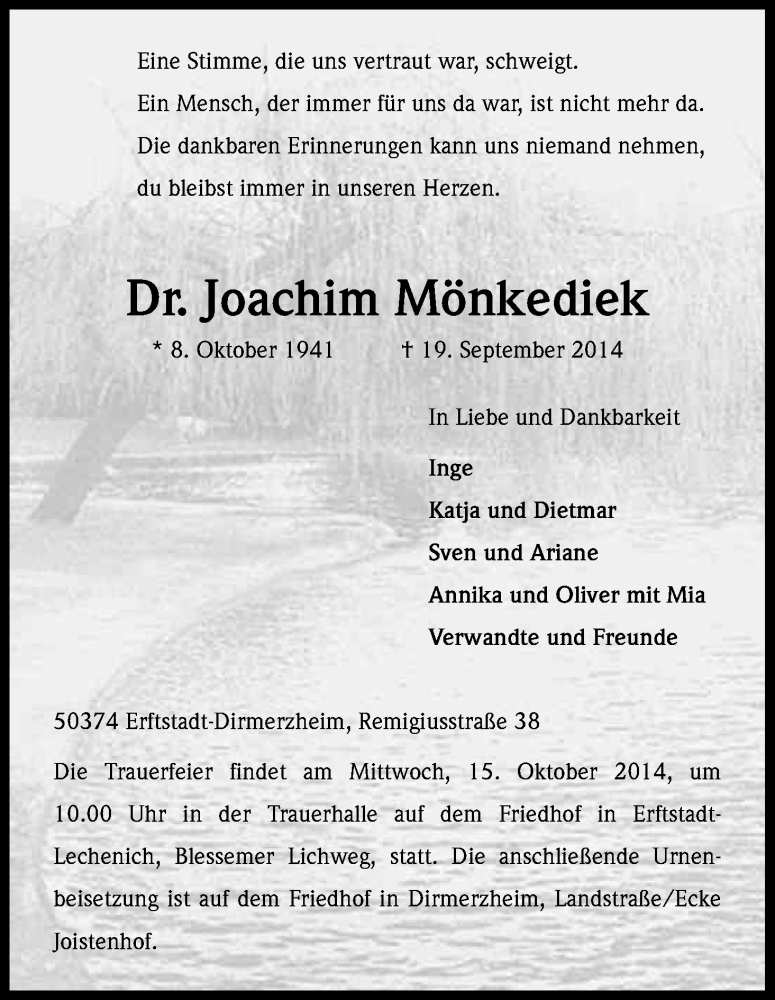  Traueranzeige für Joachim Mönkediek vom 11.10.2014 aus Kölner Stadt-Anzeiger / Kölnische Rundschau / Express