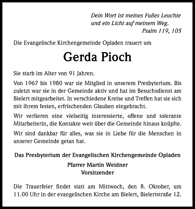  Traueranzeige für Gerda Pioch vom 04.10.2014 aus Kölner Stadt-Anzeiger / Kölnische Rundschau / Express