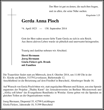 Anzeige von Gerda Anna Pioch von Kölner Stadt-Anzeiger / Kölnische Rundschau / Express