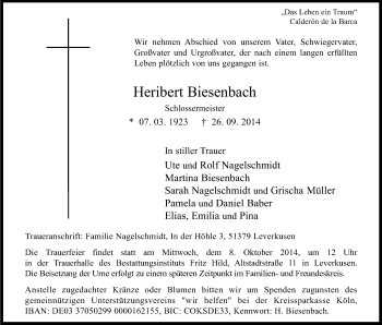 Anzeige von Heribert Biesenbach von Kölner Stadt-Anzeiger / Kölnische Rundschau / Express