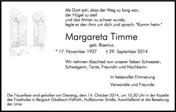 Anzeige von Margareta Timme von Kölner Stadt-Anzeiger / Kölnische Rundschau / Express