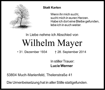 Anzeige von Wilhelm Mayer von Kölner Stadt-Anzeiger / Kölnische Rundschau / Express