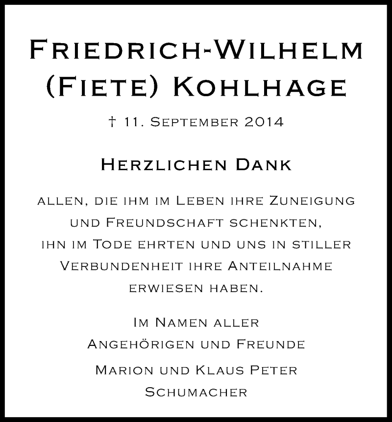  Traueranzeige für Friedrich-Wilhelm Kohlhage vom 09.10.2014 aus Kölner Stadt-Anzeiger / Kölnische Rundschau / Express