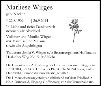 Anzeige von Marliese Wirges von Kölner Stadt-Anzeiger / Kölnische Rundschau / Express