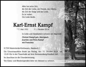 Anzeige von Karl-Ernst Kampf von Kölner Stadt-Anzeiger / Kölnische Rundschau / Express