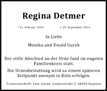 Anzeige von Regina Detmer von Kölner Stadt-Anzeiger / Kölnische Rundschau / Express