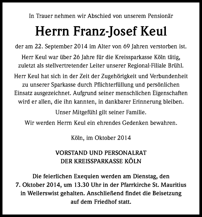  Traueranzeige für Franz-Josef Keul vom 06.10.2014 aus Kölner Stadt-Anzeiger / Kölnische Rundschau / Express