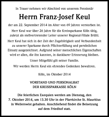 Anzeige von Franz-Josef Keul von Kölner Stadt-Anzeiger / Kölnische Rundschau / Express