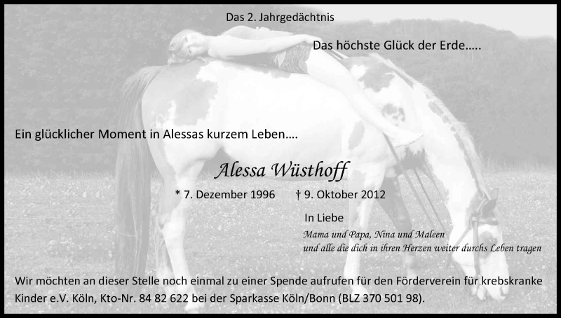  Traueranzeige für Alessa Wüsthoff vom 09.10.2014 aus Kölner Stadt-Anzeiger / Kölnische Rundschau / Express