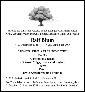 Anzeige von Ralf Blum von Kölner Stadt-Anzeiger / Kölnische Rundschau / Express