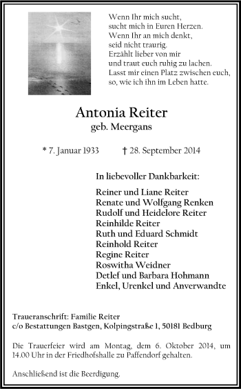 Anzeige von Antonia Reiter von Kölner Stadt-Anzeiger / Kölnische Rundschau / Express