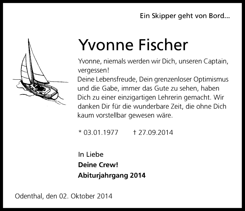  Traueranzeige für Yvonne Fischer vom 06.10.2014 aus Kölner Stadt-Anzeiger / Kölnische Rundschau / Express
