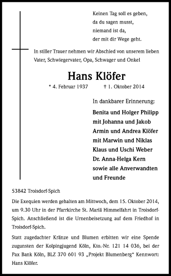 Anzeige von Hans Klöfer von Kölner Stadt-Anzeiger / Kölnische Rundschau / Express