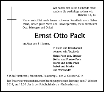Anzeige von Ernst Otto Pack von Kölner Stadt-Anzeiger / Kölnische Rundschau / Express