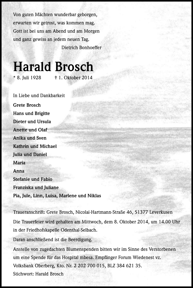  Traueranzeige für Harald Brosch vom 06.10.2014 aus Kölner Stadt-Anzeiger / Kölnische Rundschau / Express