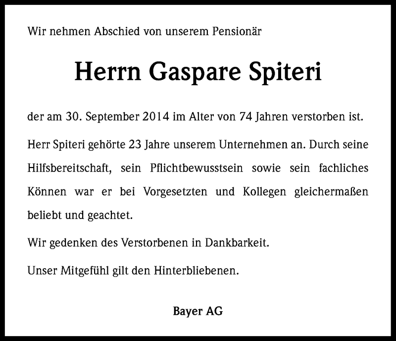 Traueranzeige für Gaspare Spiteri vom 06.10.2014 aus Kölner Stadt-Anzeiger / Kölnische Rundschau / Express