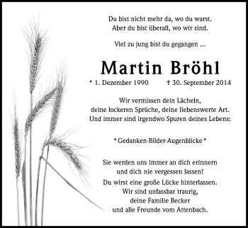 Anzeige von Martin Bröhl von Kölner Stadt-Anzeiger / Kölnische Rundschau / Express