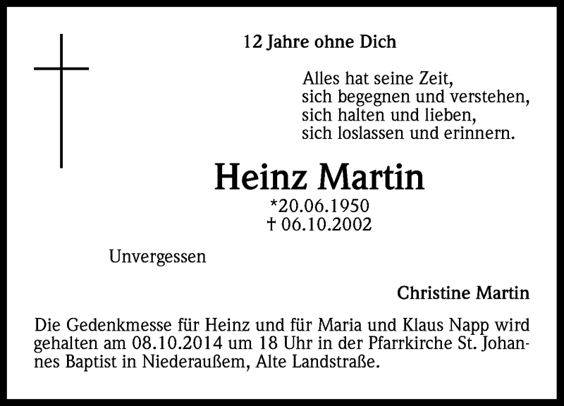  Traueranzeige für Heinz Martin vom 06.10.2014 aus Kölner Stadt-Anzeiger / Kölnische Rundschau / Express