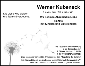 Anzeige von Werner Kubeneck von Kölner Stadt-Anzeiger / Kölnische Rundschau / Express