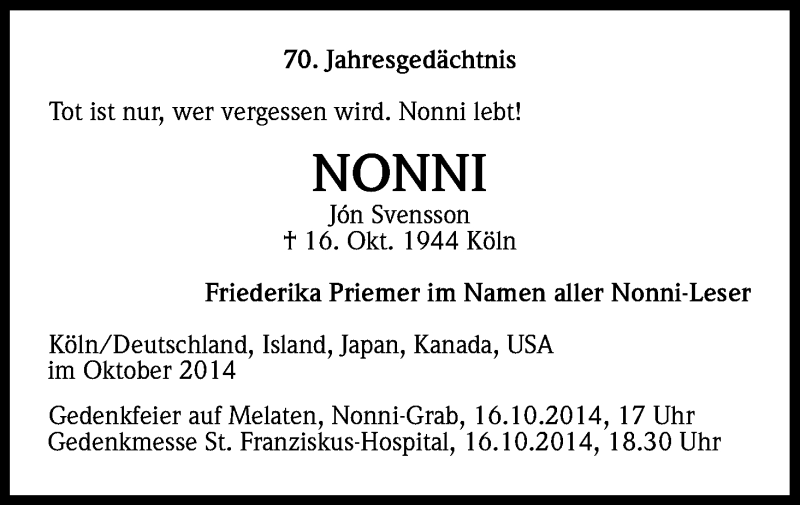  Traueranzeige für Jon Svensson vom 11.10.2014 aus Kölner Stadt-Anzeiger / Kölnische Rundschau / Express