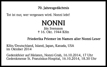 Anzeige von Jon Svensson von Kölner Stadt-Anzeiger / Kölnische Rundschau / Express