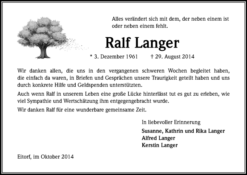  Traueranzeige für Ralf Langer vom 11.10.2014 aus Kölner Stadt-Anzeiger / Kölnische Rundschau / Express